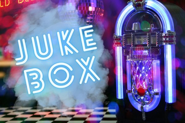 Jukebox-Tanzabend - mit einer Jive-Figur im Swing-Stil der 50s.